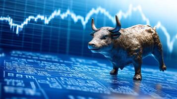 Bull Statue Charging Through Volatile Financial Data and Charts photo