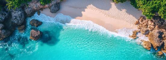 Breathtaking Aerial View of Secluded Tropical Lagoon with Stunning Turquoise Waters and Lush Vegetation photo