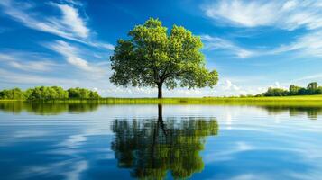 Serene Reflection of a Lush Green Tree in a Calm Lake Under a Scenic Sky photo