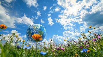 Eco-Friendly Planet Earth with Blooming Flowers in Lush Meadow under Sunlit Sky photo