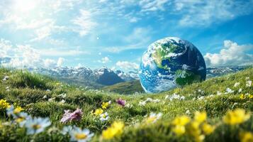 Sustainable Future Blooming in a Lush Green Meadow with the Earth at Its Heart photo