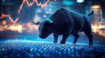 Powerful Bear Stalking Through Vibrant Urban Landscape with Financial Data Overlay photo