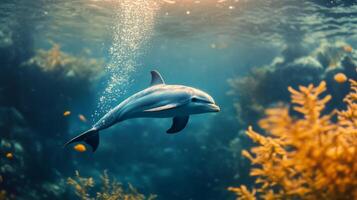 Joyful Dolphin Swimming in Vibrant Underwater Seascape photo