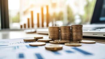 Financial Growth and Investment Strategies Visualized through Stacked Coin Piles and Data Charts photo