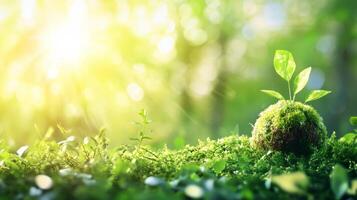 Lush green moss and leaves in the forest with sunlight peeking through the foliage creating a peaceful natural background photo