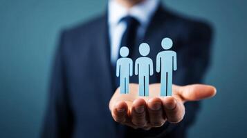 Businessman Holding Group of Diverse Silhouettes Representing Teamwork and in Corporate Environment photo
