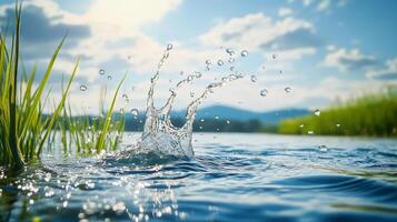 Vibrant Water Splash in Serene Natural Landscape photo