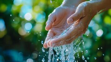 Cleansing Hands Under Flowing Water in Natural Environment photo