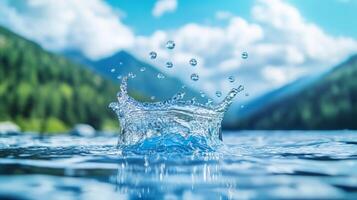 Captivating Splash of Tranquil Mountain Lake Reflecting Serene Sky in Unspoiled Natural Landscape photo