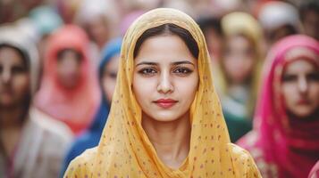 Portrait of a Pensive Middle Eastern Woman Wearing a Traditional Hijab Surrounded by a Diverse Crowd photo