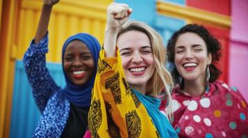 Diverse group of joyful women celebrating together in a vibrant urban setting photo