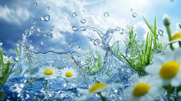 Splashing Droplets on Daisy Flowers in Lush Green Meadow Under Cloudy Blue Sky photo
