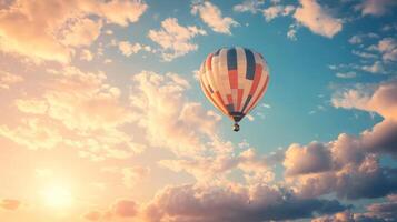 Vibrant Hot Air Balloon Floating in Dramatic Sunset Sky Amid Fluffy Clouds photo