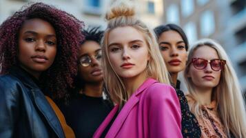 Diverse group of young female students and friends having fun and smiling together while walking on the city street photo