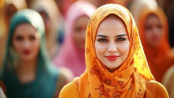 Vibrant Hijab-Clad Woman Amid Colorful Crowd in Uplifting Ethnic photo