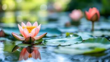 Vibrant Lotus Flower Floating on Peaceful Pond with Serene Reflection photo