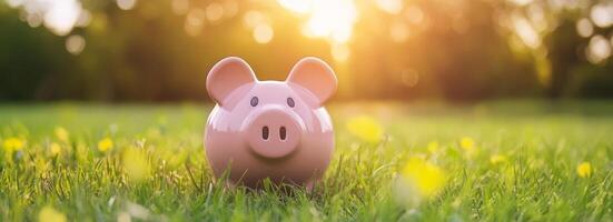 Pink Piggy Bank in Lush Springtime Meadow Under Bright Sunshine photo