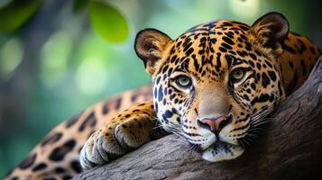Powerful Jaguar Prowling on Tree Branch in Tropical Forest Habitat photo