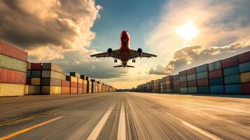 Airplane Soaring Above Cargo Containers and Logistics Hub at Sunset photo