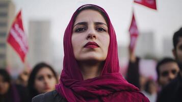 Passionate Protestor Leading a Crowd in a Vibrant Political for Social Change photo
