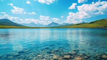 Stunning Mountainous Lakeside Landscape with Serene Reflections in Calm Waters photo