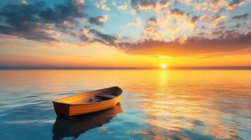 Serene Sunset Boat on Tranquil Lake Reflecting Dramatic Sky photo