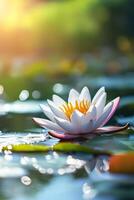 Stunning White Lotus Flower Floating on a Tranquil Pond with Reflections photo