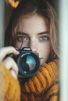 Aspiring Female Photographer Capturing an Portrait with a photo
