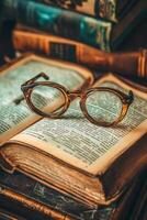 Vintage Reading Glasses on Open Book on Wooden Desk photo