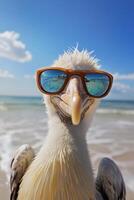 Funny Seabird Wearing Sunglasses on Tropical Beach photo