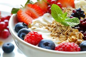 A bowl of fruit and yogurt with a mint leaf photo