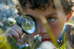 A young boy looking through a magnifying glass photo