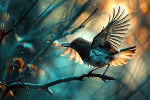 A bird is flying in the air with its wings spread photo