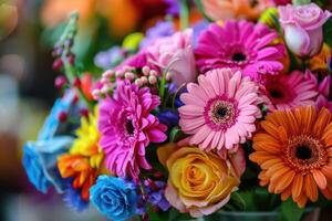 A vase filled with colorful flowers photo
