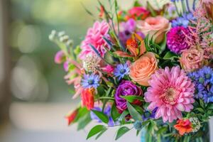 A vase filled with colorful flowers on a table photo