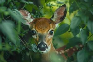 A fawn peeks out from behind some green leaves photo