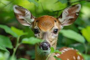 A fawn is looking at the camera in the woods photo