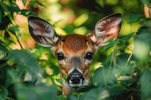 A deer is looking at the camera through some green plants photo