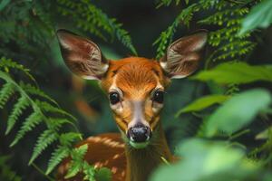 A deer is looking at the camera in the forest photo