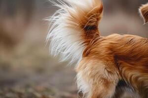 A dog with long hair standing in the grass photo