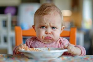 A baby sitting in a chair with a plate of food photo