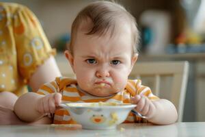 A baby sitting at a table with a bowl of food photo