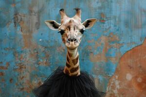 A giraffe wearing a black dress with a blue background photo