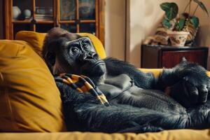 A gorilla is sitting on a couch in a living room photo