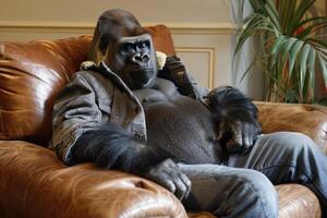 A gorilla sitting on a leather chair photo