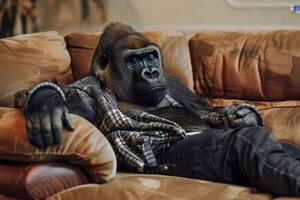 A gorilla sitting on a couch with his arms crossed photo