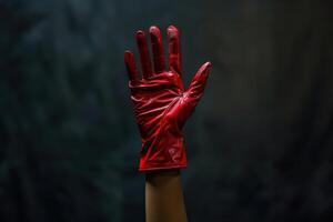 A person wearing red gloves on a dark background photo