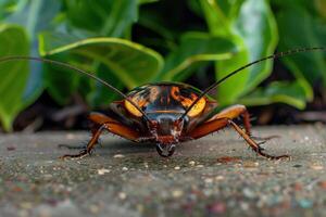 A cockroach on the ground near some plants photo