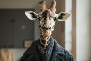 A giraffe wearing a sweater and scarf photo