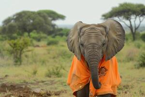A small elephant wearing an orange shirt photo